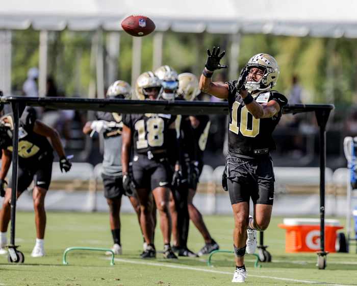 New Orleans Saints receiver Tre'Quan Smith (10) works during training camp at Ochsner Sports Performance Center. Mandatory Credit: Stephen Lew-USA TODAY
